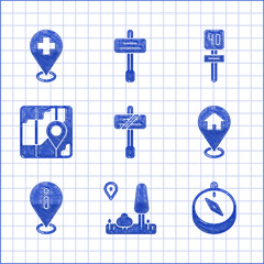 Poster - Set Road traffic sign, City map navigation, Compass, Location with house, information, and Medical location cross icon. Vector