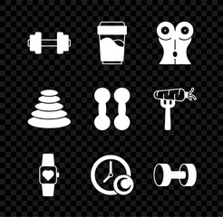 Wall Mural - Set Dumbbell, Glass with water, Women waist, Smart watch, Time to sleep, Stack hot stones and icon. Vector