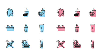 Sticker - Set line Crossed fork, Burger and french fries in carton package box, Sandwich, Bottle of water, Glass lemonade with drinking straw, Paper glass, and burger icon. Vector