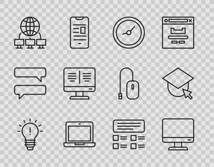 Sticker - Set line Light bulb with concept of idea, Computer monitor screen, Clock, Laptop, network, Online book, quiz, test, survey and Graduation cap globe icon. Vector