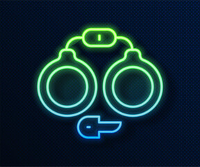 Wall Mural - Glowing neon line Handcuffs icon isolated on blue background. Vector