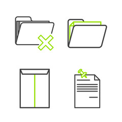 Sticker - Set line Note paper with pinned pushbutton, Envelope, Document folder and Delete icon. Vector