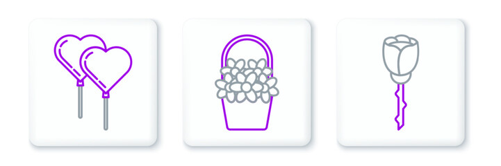 Sticker - Set line Flower rose, Balloons in form of heart with ribbon and Flowers basket icon. Vector