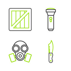 Sticker - Set line Military knife, Gas mask, Flashlight and ammunition box icon. Vector