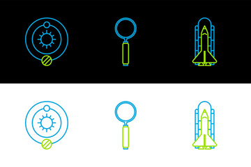 Poster - Set line Space shuttle and rockets, Solar system and Magnifying glass icon. Vector