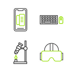 Canvas Print - Set line Virtual reality glasses, Test tube flask on fire, Keyboard and mouse and Smartphone, mobile phone icon. Vector