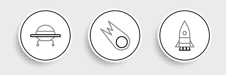 Set line Rocket ship, UFO flying spaceship and Comet falling down fast icon. Vector