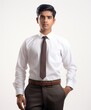 Indian College Boy in Dress Shirt with Earnest Gaze on White Background