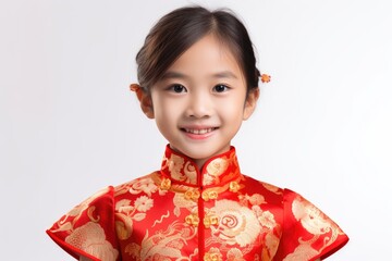 Wall Mural - Portrait of a girl in Cheongsam on isolated white background.