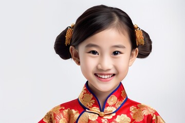 Wall Mural - Portrait of a girl in Cheongsam on isolated white background.