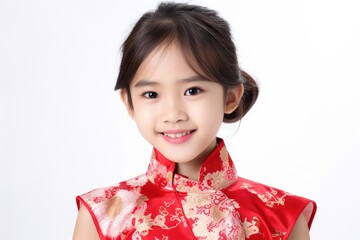 Wall Mural - Portrait of a girl in Cheongsam on isolated white background.