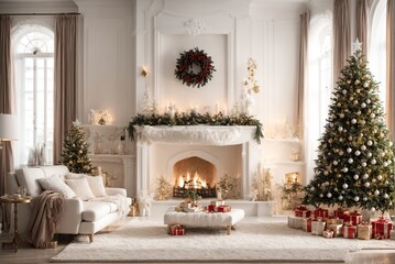 Wall Mural - Interior of stylish white living room with lovely fireplace, Christmas tree, and holiday décor for christmas celebration