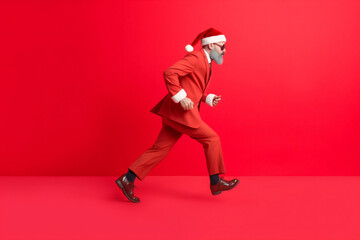 Wall Mural - gift man holiday isolated present santa fun claus red run christmas background. Generative AI.