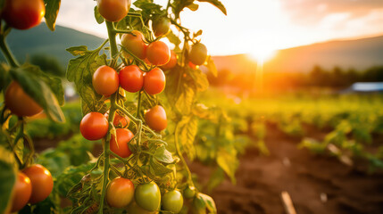 Tomato field inside a farm, nobody, empty field with ripe red tomatoes on branches, sunlight rays of light. 