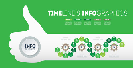 Wall Mural - Info graphic in the form of wave consisting of 4 segments and 20 parts. Infographic or timeline with silhouette of thumb up. Positive assessment of business development.