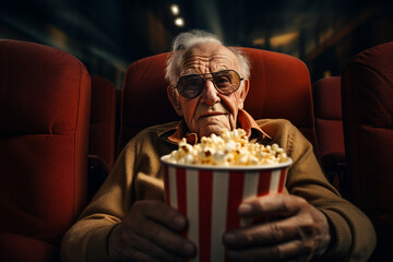 Wall Mural - Elderly grey haired grandpa sitting cinema seat place watching movie premiere generative AI