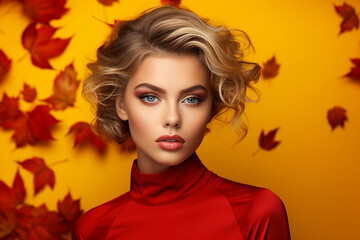 Generative Ai illustration of stunning woman surrounded by dry foliage autumn decorations background