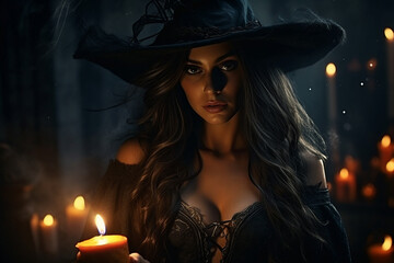 Wall Mural - generative ai collage photo of dark witch doing black magic ritual in halloween midnight