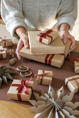 Wall Mural - christmas gift zero waste,eco friendly packaging gifts kraft paper,eco christmas holiday concept,eco