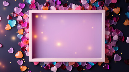 Wall Mural - creative frame made of sweets, hearts, gift boxes, decorations, sparkles and confetti. generative ai
