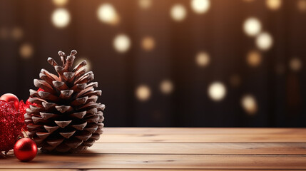 Wall Mural - Christmas pine tree and pine cone on woooden table background. Generative Ai