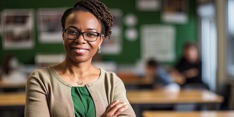 Portrait of smiling female African American teacher in eyeglasses in a class at elementary school looking at camera with learning students on background.