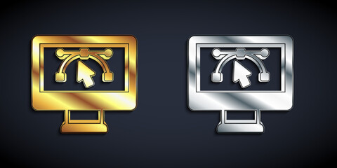 Gold and silver Computer display with vector design program icon isolated on isolated on black background. Photo editor software with user interface. Long shadow style. Vector