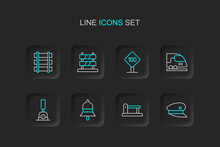 Set Line Train Driver Hat, Railway, Railroad Track, Station Bell, Arrow For Switching The Railway, High-speed Train, Speed Limit Traffic Sign 100 Km, End Of Tracks And Barrier Icon. Vector