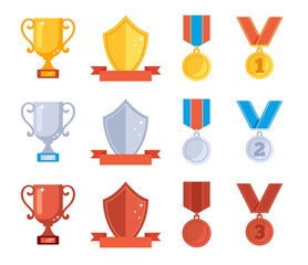 Wall Mural - Award trophy icon reward prize rank medal cup isolated set. Vector flat graphic design illustration