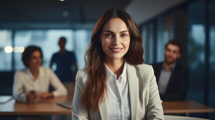 Wall Mural - leader businesswoman in a boardroom with blurred officers background in office, Successful business team concept, Generative AI