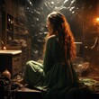 Young woman with long wavy red hair in medieval dress in dark room with spiderweb, old castle. Back view.