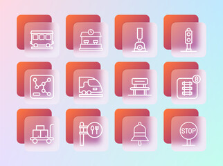 Sticker - Set line Train traffic light, Cafe and restaurant location, Waiting hall, station bell, High-speed train, Arrow for switching the railway, Passenger cars and Railway icon. Vector