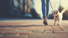 A Woman With A Dog On A Leash Walks Down The Street