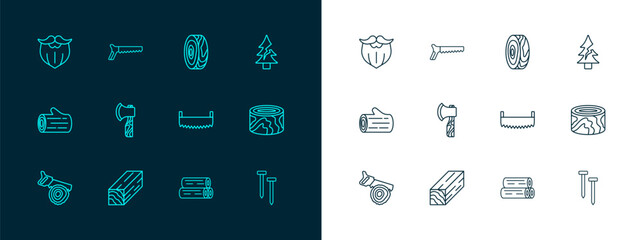 Sticker - Set line Tree, Wooden beam, Two-handed saw, log, axe, rings, Mustache beard and Hand icon. Vector