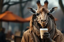 Portrait Of Giraffe Outdoors In Coat, Drinking Coffee From Cup On Autumn Day, Wearing Gloves. Cute Animal In Clothes.