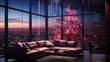 Modern apartment with huge sofa and glass windows and pink tree
