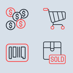 Poster - Set line Shopping cart, Barcode, Sold and Dollar symbol icon. Vector