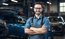 Handsome Auto Mechanic In Safety Glasses Stands In A Car Repair Shop With His Arms Crossed And Smiles At The Camera. Professional Auto Workshop. Generative AI.