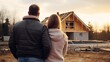 Smiling couple in wooden frame house under construction looking at their future home