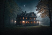 Haunted Mistery House In The Woods With Moonlight. Ai Generative