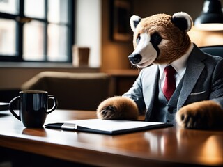 generative AI bear in the office Suited and Seated talking about business