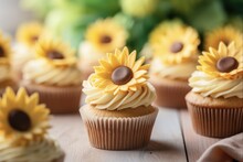 Delicious Summer Cupcakes With Edible Sunflowers And Buttercream Frosting - Sweet Mini Desserts