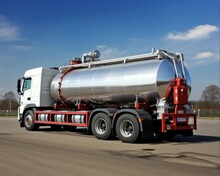 Water Tanker Truck For Delivery And Transport Of Water. Parked View From Rear And Side With Blue Sky Background