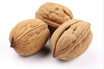 Two Isolated Walnuts on White Background - Fresh Natural Nuts with Brown Shells