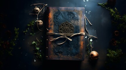 a witch spellbook on a dark background