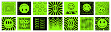 Trippy Smiles. Y2k Face Emoji. Acid Rave Art. Cool Graphic Print With Text. Toxic Crazy Emoticon. Aliens Smiley. Glitch And Melt Design. Neon Green Labels. Psychedelic Stickers Vector Set