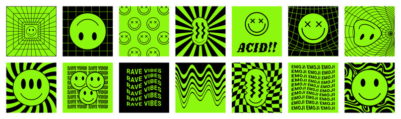 Trippy smiles. Y2k face emoji. Acid rave art. Cool graphic print with text. Toxic crazy emoticon. Aliens smiley. Glitch and melt design. Neon green labels. Psychedelic stickers vector set