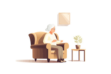 Wall Mural - Old woman sitting on sofa isolated vector transparent background png