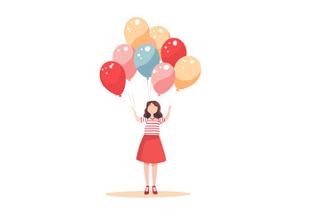 Wall Mural - Woman with birthday balloons isolated vector transparent background png