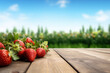 Fresh strawberry on wooden table and blurred organic farm on the background, mockup product display wooden board.